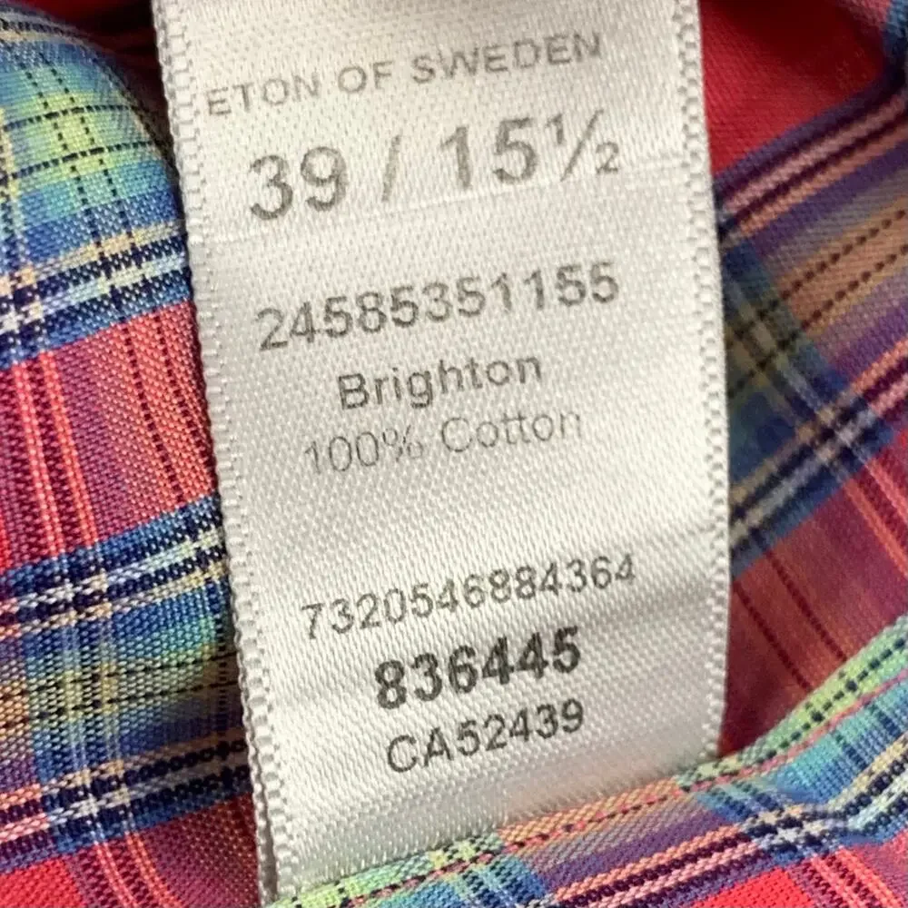 ETON Button Down Dress Shirt 15.5 / 39 Men Slim Salmon Coral Plaid Easter Spring